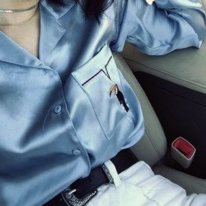 STAUD Sho Blouse in Blue with Parrot Stitching